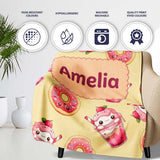 Cute Kawaii Donut and Strawberry Drink Pattern Yellow Background  Personalised Custom Name Super Soft Fleece Blanket Bed Sofa Throw