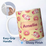 Personalized Custom Name Cute Kawaii Donut and Strawberry Drink Pattern Yellow Background 11oz Ceramic Coffee Tea Mug White Large Handle