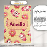 Cute Kawaii Donut and Strawberry Drink Pattern Yellow Background  Personalised Custom Name Super Soft Fleece Blanket Bed Sofa Throw