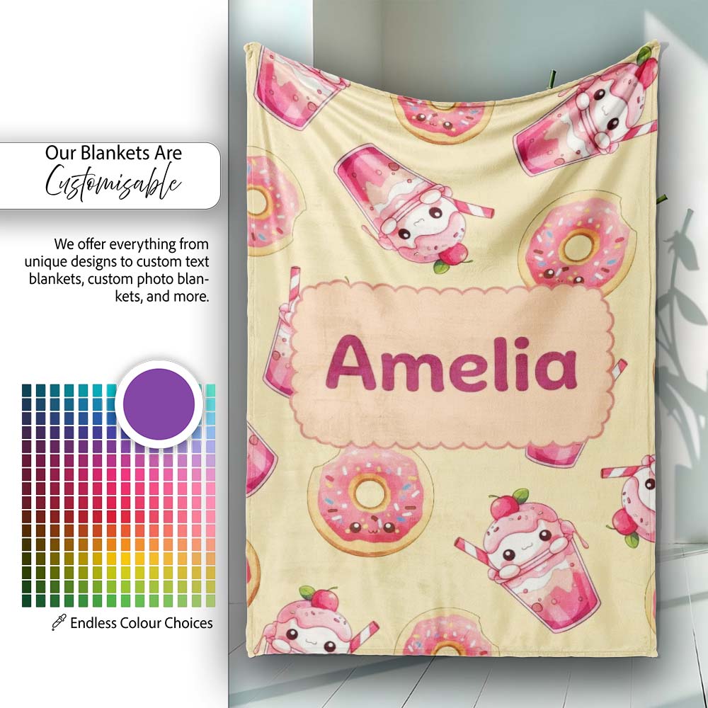 Cute Kawaii Donut and Strawberry Drink Pattern Yellow Background  Personalised Custom Name Super Soft Fleece Blanket Bed Sofa Throw