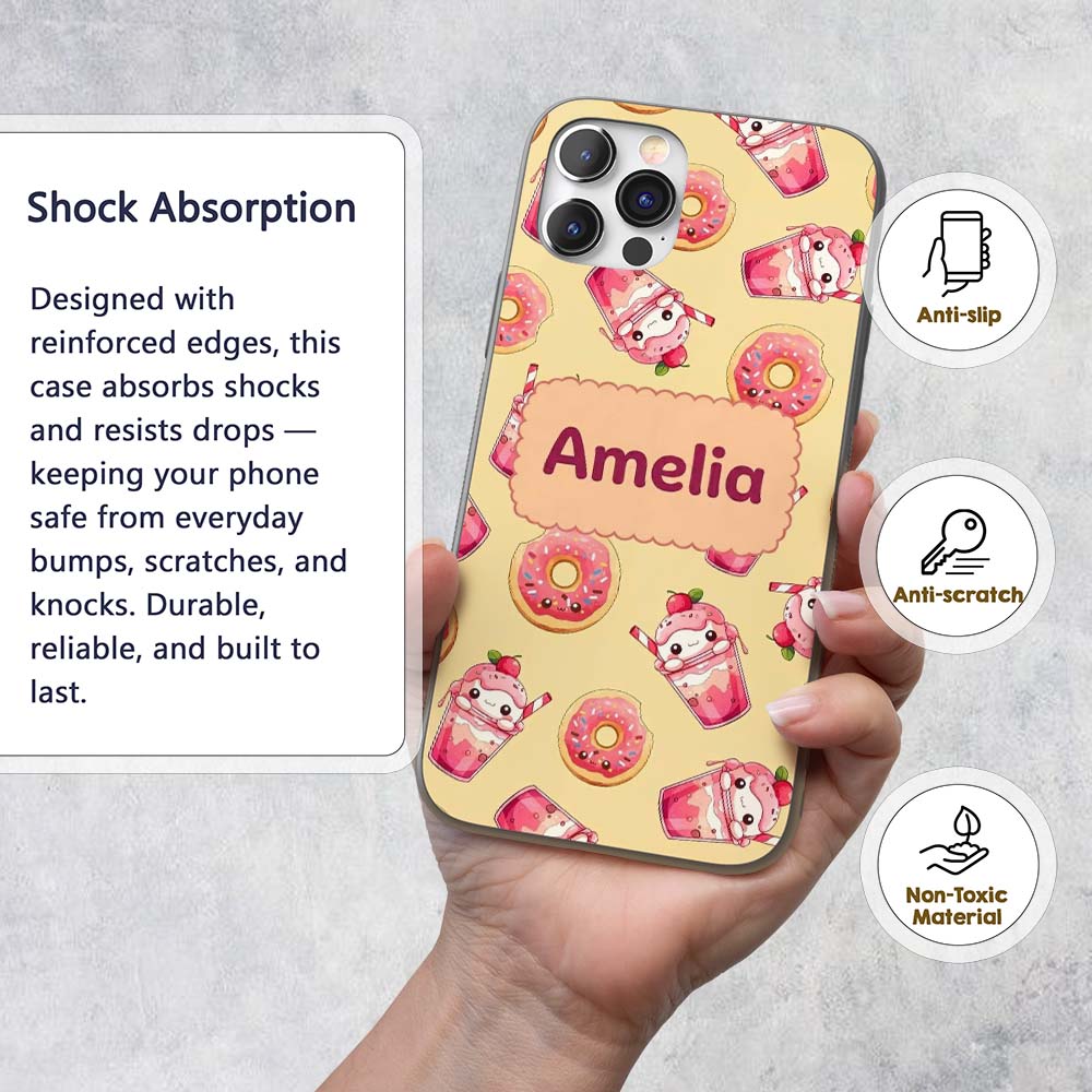 Cute Kawaii Donut and Strawberry Drink Pattern Custom Name Protective Phone Case Mobile Cover Durable Everyday Smartphone Shock Resistant