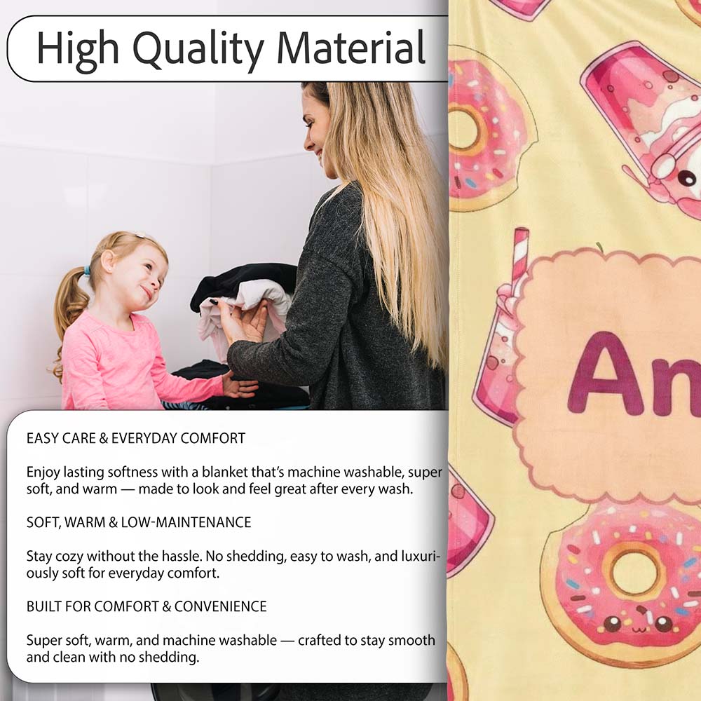 Cute Kawaii Donut and Strawberry Drink Pattern Yellow Background  Personalised Custom Name Super Soft Fleece Blanket Bed Sofa Throw