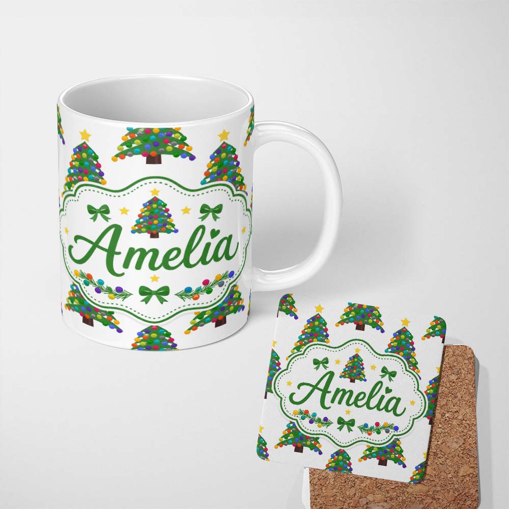 Personalized Custom Name Colorful Christmas Tree with Bright Baubles and Star Top Seamless 11oz Ceramic Coffee Tea Mug White Large Handle