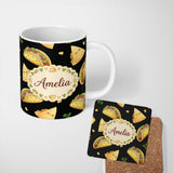 Personalized Custom Name Cute Kawaii Taco and Wrap Food Pattern Black Background Seamless 11oz Ceramic Coffee Tea Mug White Large Handle