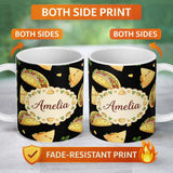 Personalized Custom Name Cute Kawaii Taco and Wrap Food Pattern Black Background Seamless 11oz Ceramic Coffee Tea Mug White Large Handle
