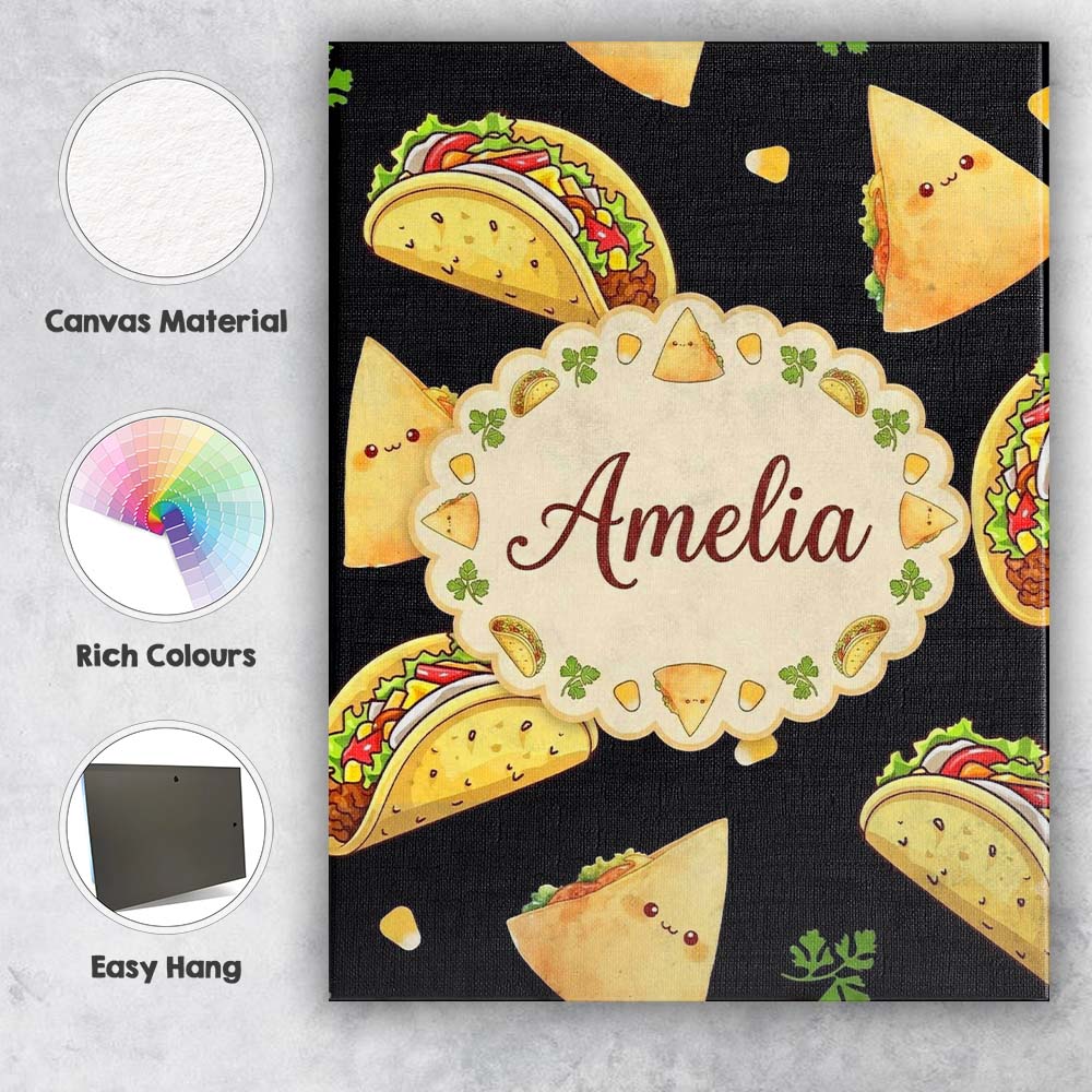 Personalised Name Cute Kawaii Taco and Wrap Custom  Bespoke Interior Contemporary Canvas Wall Art Print Decor Picture Ready to Hang