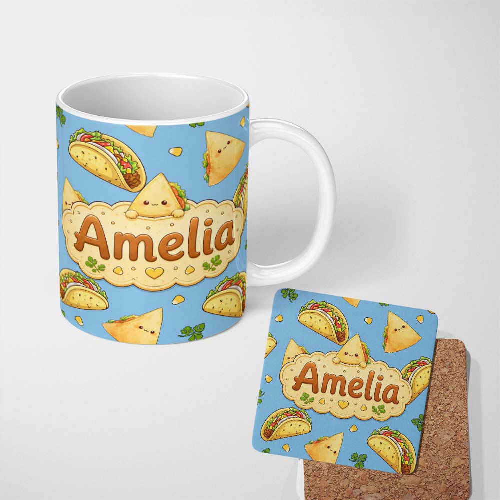 Personalized Custom Name Cute Kawaii Taco and Wrap Food Pattern Blue Background Seamless Name 11oz Ceramic Coffee Tea Mug White Large Handle