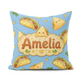 Custom Name Kawaii Taco and Wrap Food Pattern Blue Seamless Name Square Filled Cushion Throw Pillow Sofa Bed Home Decor Zip Washable UK Made