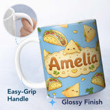 Personalized Custom Name Cute Kawaii Taco and Wrap Food Pattern Blue Background Seamless Name 11oz Ceramic Coffee Tea Mug White Large Handle
