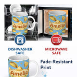 Personalized Custom Name Cute Kawaii Taco and Wrap Food Pattern Blue Background Seamless Name 11oz Ceramic Coffee Tea Mug White Large Handle