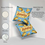 Custom Name Kawaii Taco and Wrap Food Pattern Blue Seamless Name Square Filled Cushion Throw Pillow Sofa Bed Home Decor Zip Washable UK Made