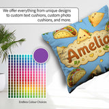 Custom Name Kawaii Taco and Wrap Food Pattern Blue Seamless Name Square Filled Cushion Throw Pillow Sofa Bed Home Decor Zip Washable UK Made
