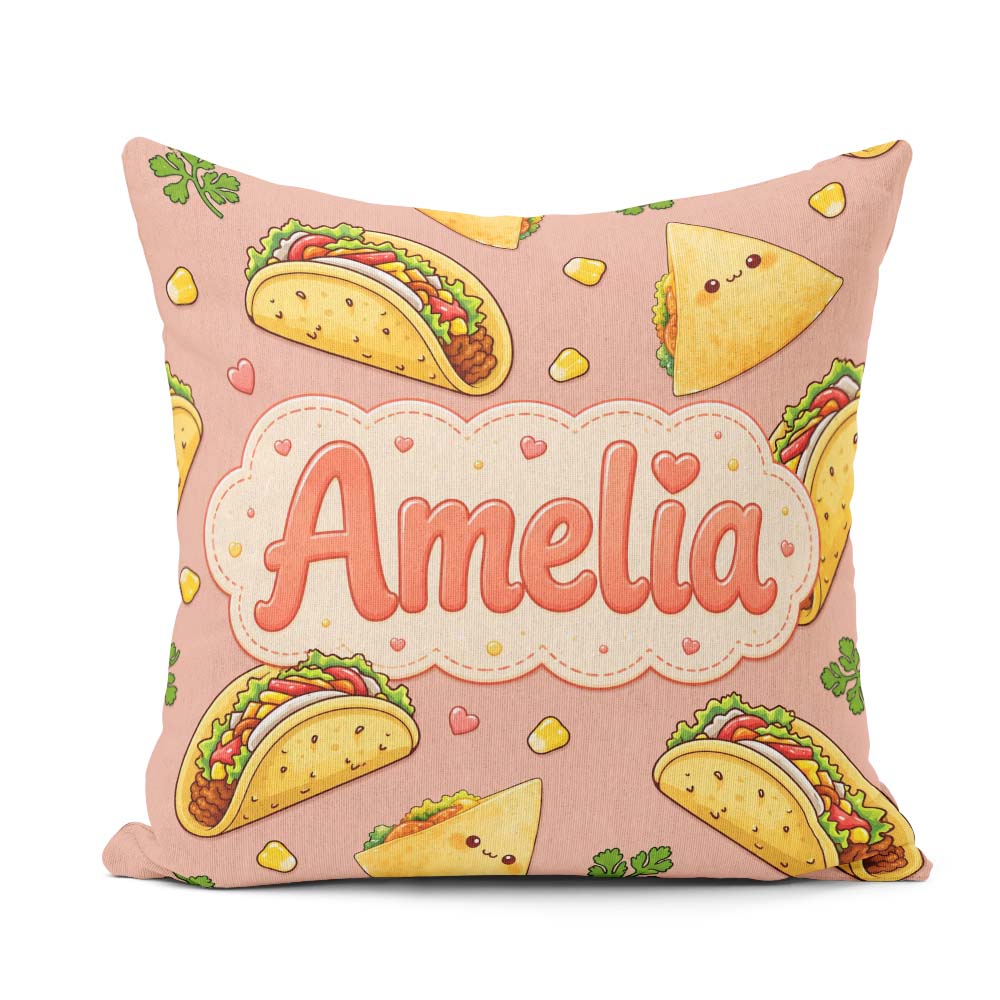 Custom Name Taco and Wrap Food Pattern Beige Background Seamless Square Filled Cushion Throw Pillow Sofa Bed Home Decor Zip Washable UK Made