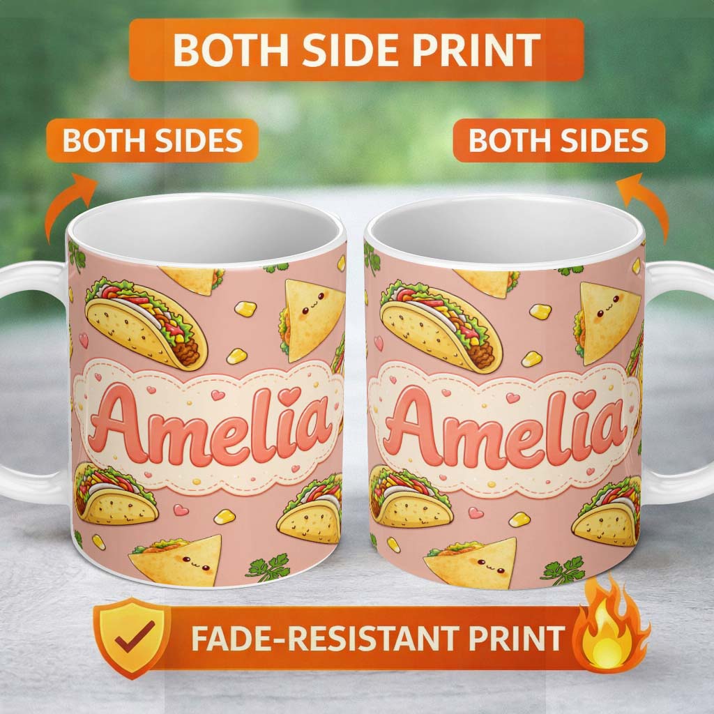 Personalized Custom Name Cute Kawaii Taco and Wrap Food Pattern Beige Background Seamless 11oz Ceramic Coffee Tea Mug White Large Handle
