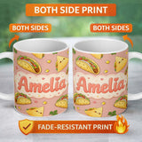 Personalized Custom Name Cute Kawaii Taco and Wrap Food Pattern Beige Background Seamless 11oz Ceramic Coffee Tea Mug White Large Handle