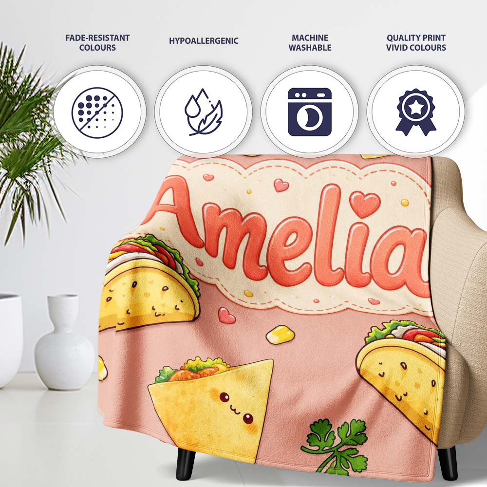 Cute Kawaii Taco and Wrap Food Pattern Beige Background Seamless  Personalised Custom Name Super Soft Fleece Blanket Bed Sofa Throw