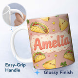 Personalized Custom Name Cute Kawaii Taco and Wrap Food Pattern Beige Background Seamless 11oz Ceramic Coffee Tea Mug White Large Handle
