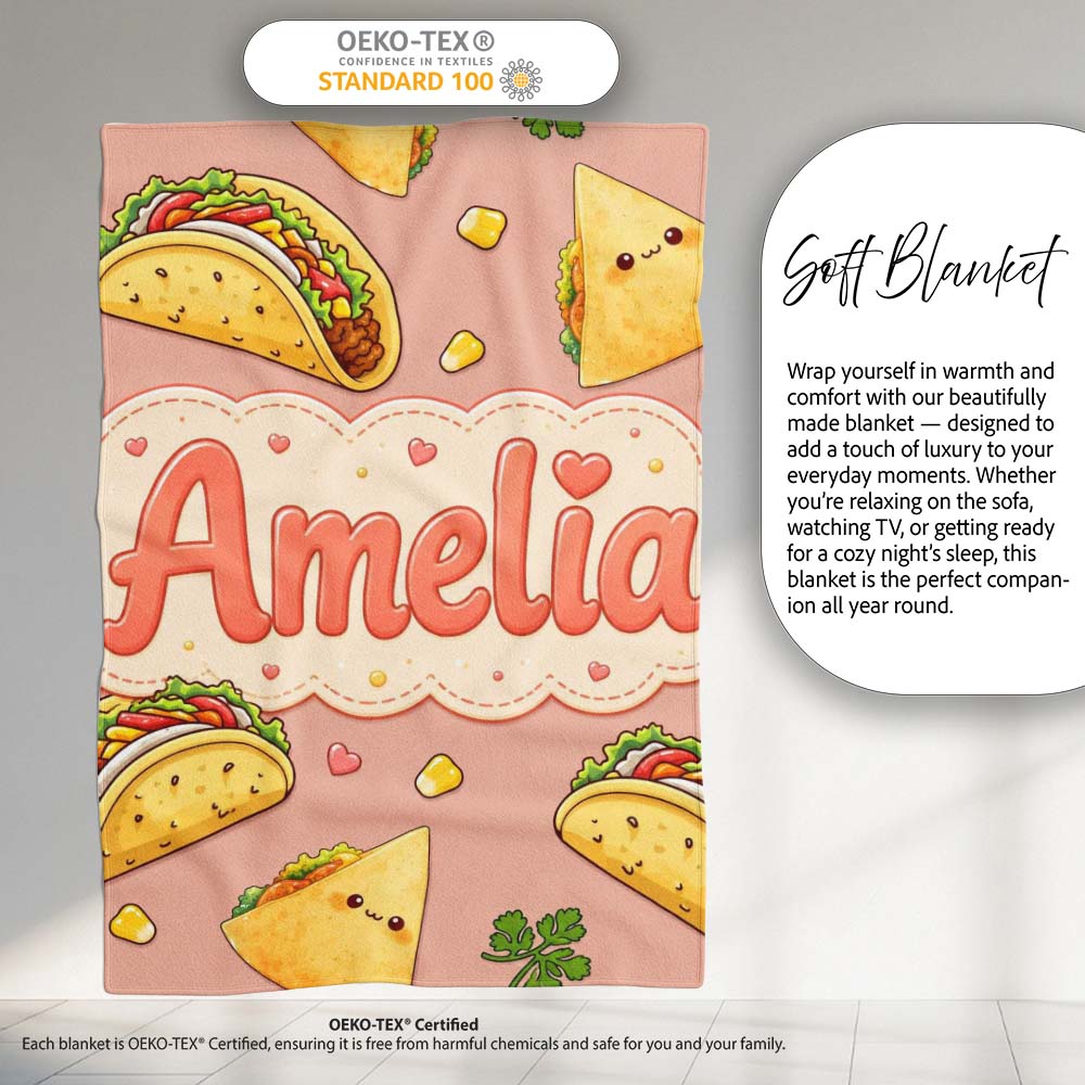 Cute Kawaii Taco and Wrap Food Pattern Beige Background Seamless  Personalised Custom Name Super Soft Fleece Blanket Bed Sofa Throw