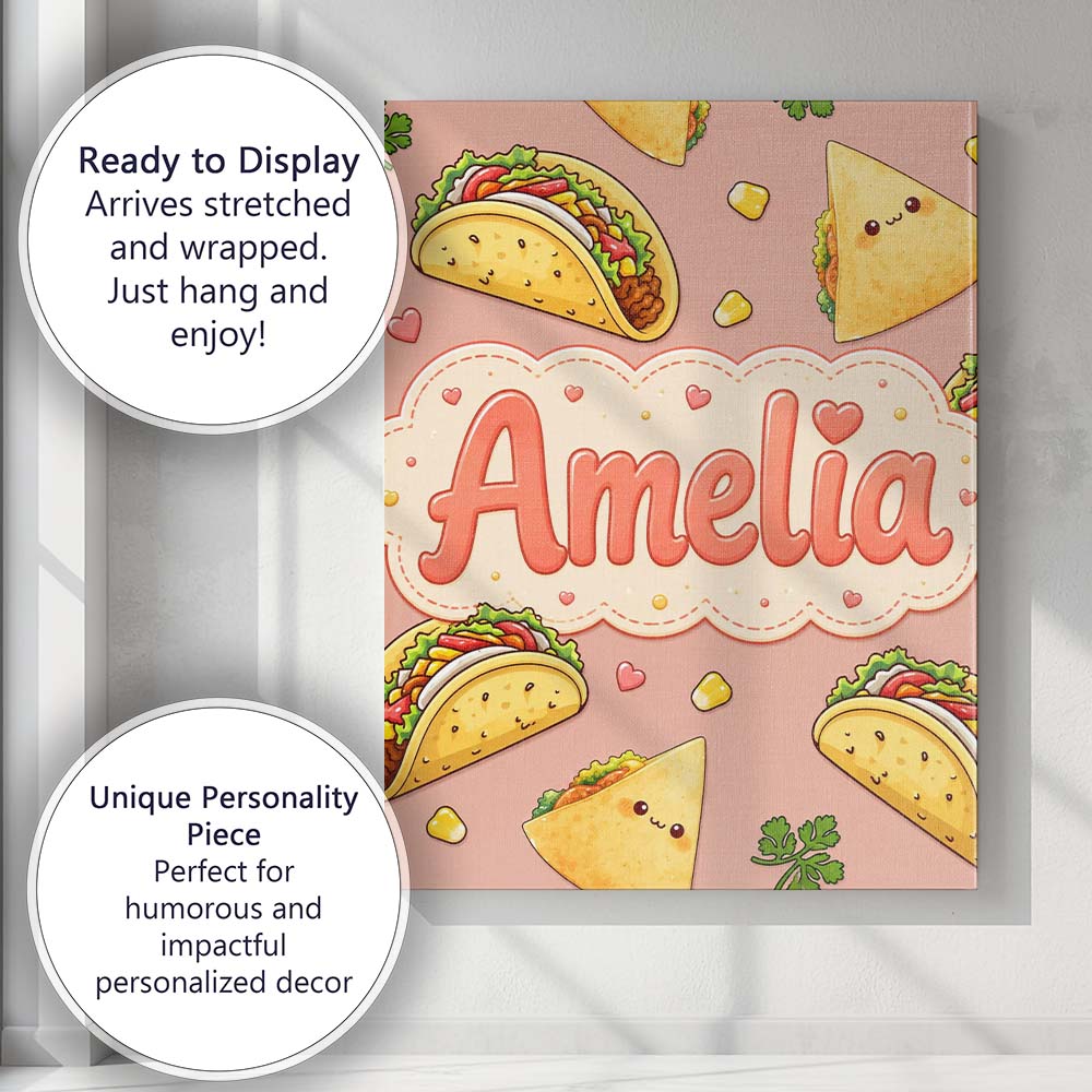 Personalised Name Cute Kawaii Taco and Wrap Custom  Bespoke Interior Contemporary Canvas Wall Art Print Decor Picture Ready to Hang