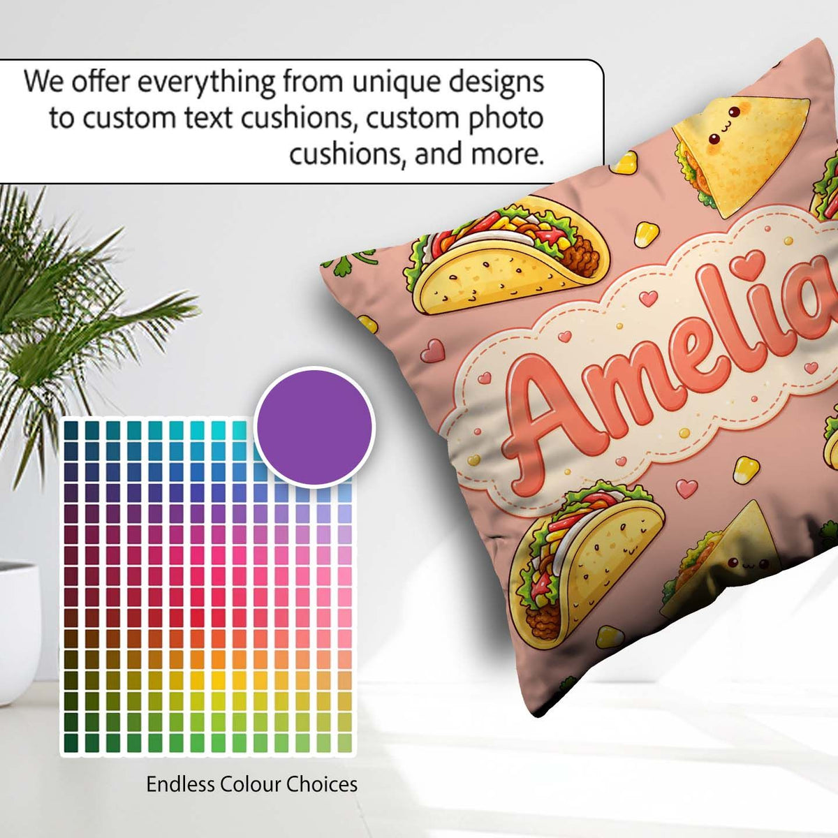 Custom Name Taco and Wrap Food Pattern Beige Background Seamless Square Filled Cushion Throw Pillow Sofa Bed Home Decor Zip Washable UK Made