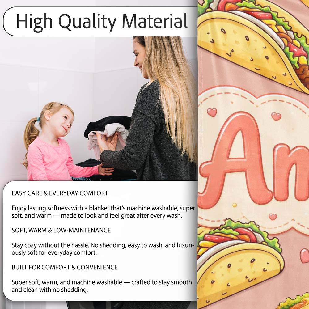 Cute Kawaii Taco and Wrap Food Pattern Beige Background Seamless  Personalised Custom Name Super Soft Fleece Blanket Bed Sofa Throw