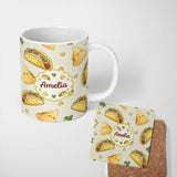 Personalized Custom Name Cute Kawaii Taco and Wrap Food Pattern Light Grey Background 11oz Ceramic Coffee Tea Mug White Large Handle