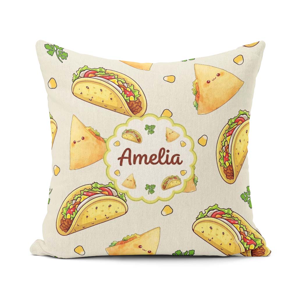 Custom Name Cute Kawaii Taco and Wrap Food Light Grey Background Square Filled Cushion Throw Pillow Sofa Bed Home Decor Zip Washable UK Made