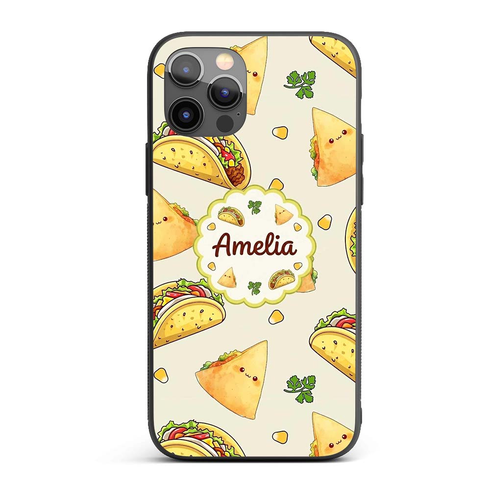 Cute Kawaii Taco and Wrap Food Pattern Light Grey Custom Name Protective Phone Case Mobile Cover Durable Everyday Smartphone Shock Resistant