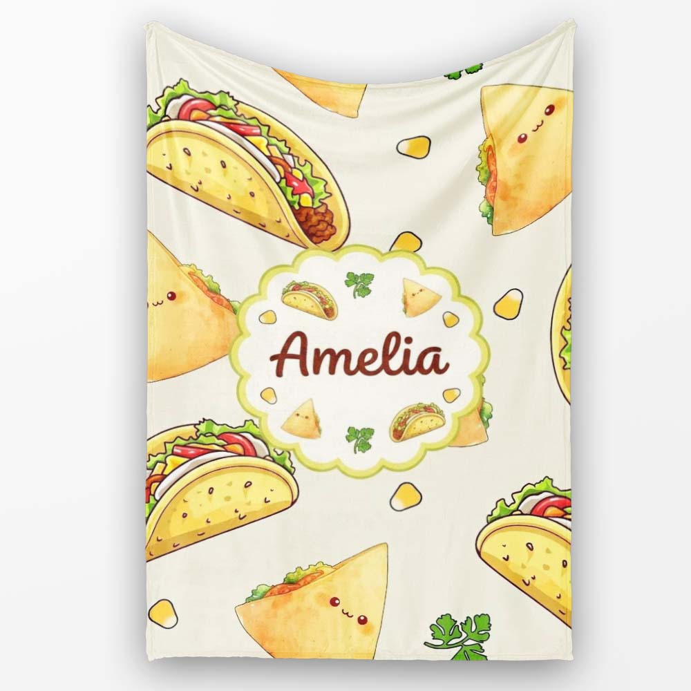 Cute Kawaii Taco and Wrap Food Pattern Light Grey Background  Personalised Custom Name Super Soft Fleece Blanket Bed Sofa Throw