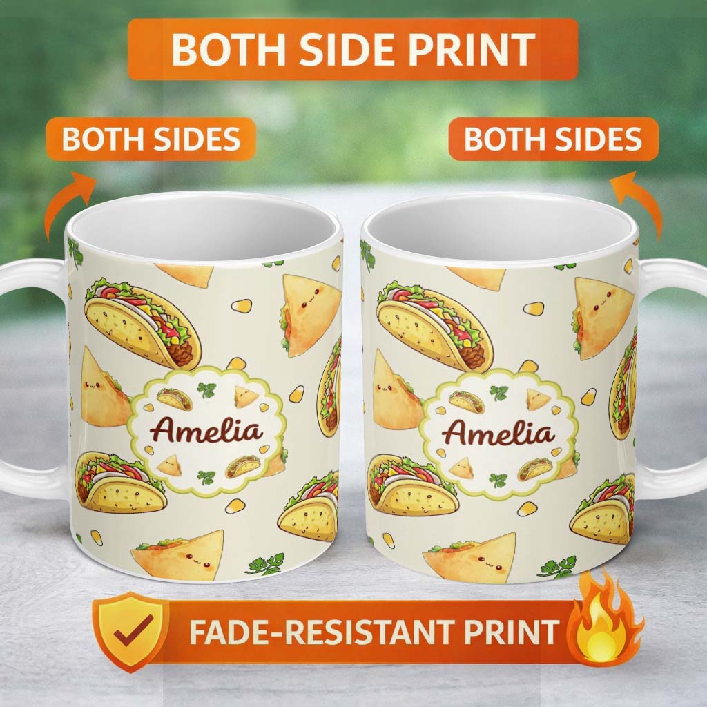 Personalized Custom Name Cute Kawaii Taco and Wrap Food Pattern Light Grey Background 11oz Ceramic Coffee Tea Mug White Large Handle