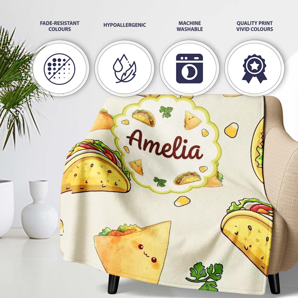 Cute Kawaii Taco and Wrap Food Pattern Light Grey Background  Personalised Custom Name Super Soft Fleece Blanket Bed Sofa Throw