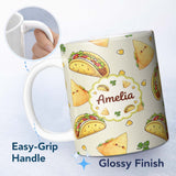Personalized Custom Name Cute Kawaii Taco and Wrap Food Pattern Light Grey Background 11oz Ceramic Coffee Tea Mug White Large Handle