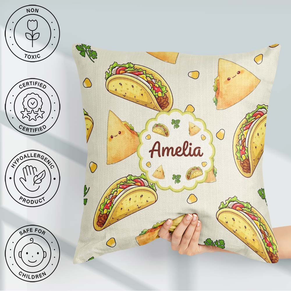 Custom Name Cute Kawaii Taco and Wrap Food Light Grey Background Square Filled Cushion Throw Pillow Sofa Bed Home Decor Zip Washable UK Made
