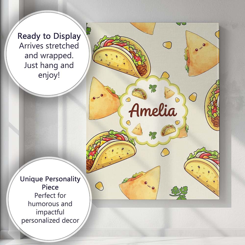 Personalised Name Cute Kawaii Taco and Wrap Custom  Bespoke Interior Contemporary Canvas Wall Art Print Decor Picture Ready to Hang