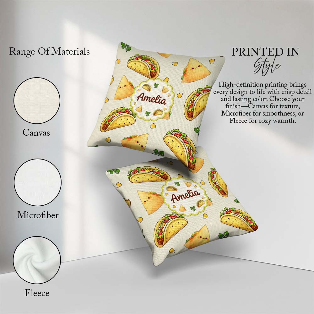 Custom Name Cute Kawaii Taco and Wrap Food Light Grey Background Square Filled Cushion Throw Pillow Sofa Bed Home Decor Zip Washable UK Made