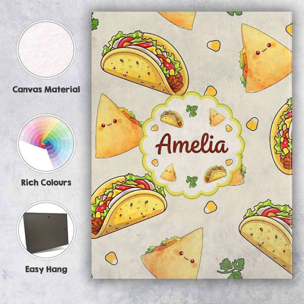Personalised Name Cute Kawaii Taco and Wrap Custom  Bespoke Interior Contemporary Canvas Wall Art Print Decor Picture Ready to Hang