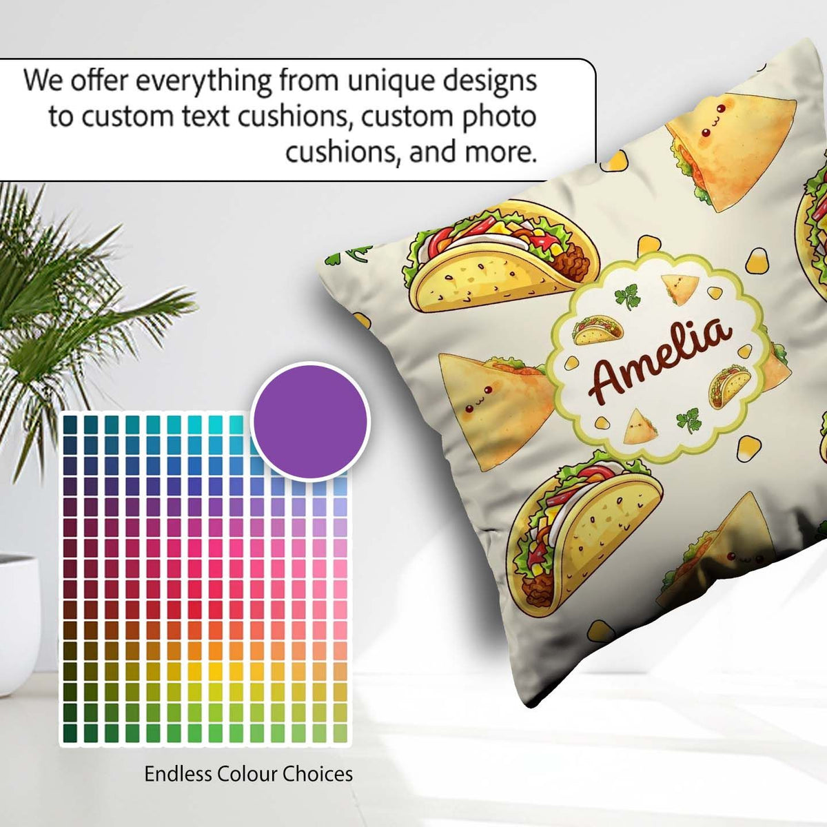 Custom Name Cute Kawaii Taco and Wrap Food Light Grey Background Square Filled Cushion Throw Pillow Sofa Bed Home Decor Zip Washable UK Made