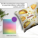 Custom Name Cute Kawaii Taco and Wrap Food Light Grey Background Square Filled Cushion Throw Pillow Sofa Bed Home Decor Zip Washable UK Made