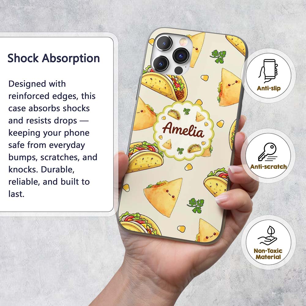 Cute Kawaii Taco and Wrap Food Pattern Light Grey Custom Name Protective Phone Case Mobile Cover Durable Everyday Smartphone Shock Resistant
