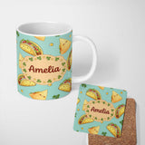 Personalized Custom Name Cute Kawaii Taco and Wrap Food Pattern Teal Background Seamless Name 11oz Ceramic Coffee Tea Mug White Large Handle