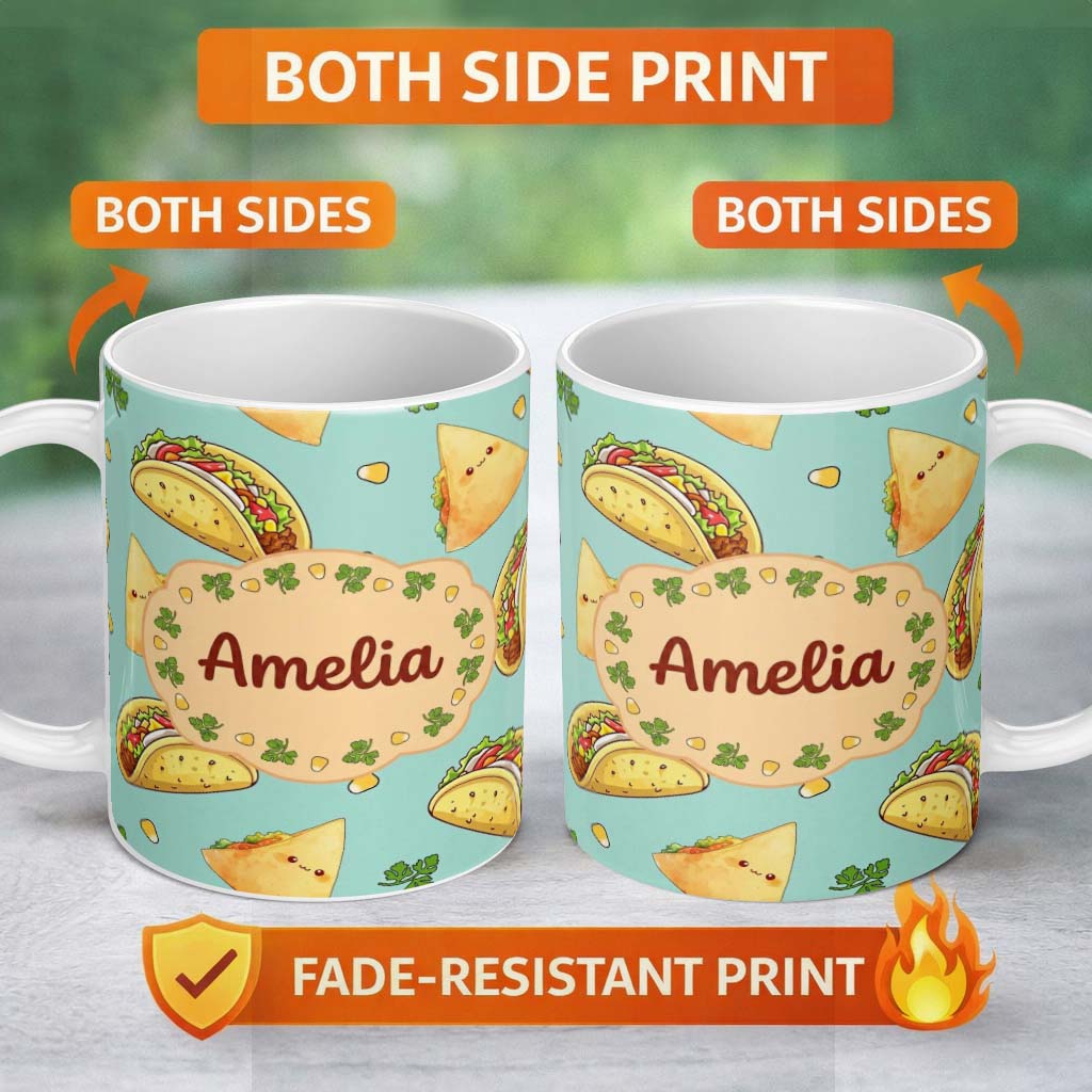 Personalized Custom Name Cute Kawaii Taco and Wrap Food Pattern Teal Background Seamless Name 11oz Ceramic Coffee Tea Mug White Large Handle