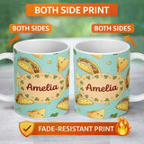Personalized Custom Name Cute Kawaii Taco and Wrap Food Pattern Teal Background Seamless Name 11oz Ceramic Coffee Tea Mug White Large Handle