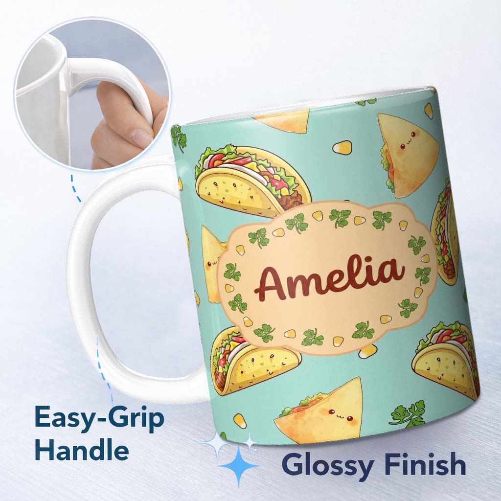 Personalized Custom Name Cute Kawaii Taco and Wrap Food Pattern Teal Background Seamless Name 11oz Ceramic Coffee Tea Mug White Large Handle