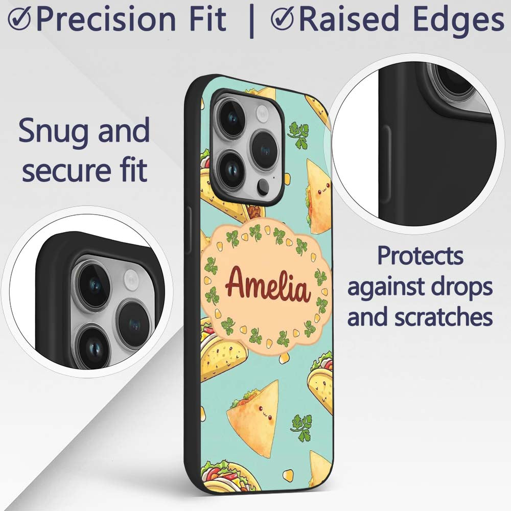 Cute Kawaii Taco and Wrap Food Printed Design Custom Name Protective Phone Case Mobile Cover Durable Everyday Smartphone Shock Resistant