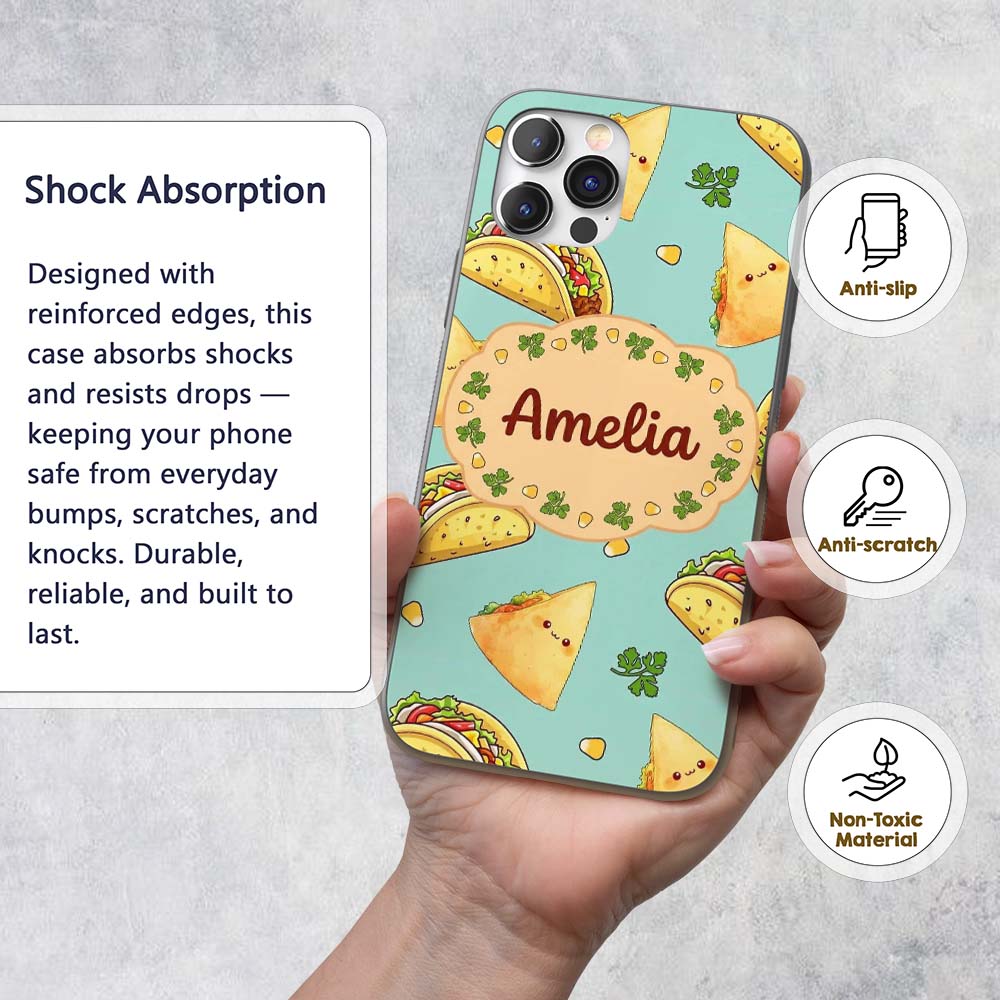 Cute Kawaii Taco and Wrap Food Printed Design Custom Name Protective Phone Case Mobile Cover Durable Everyday Smartphone Shock Resistant