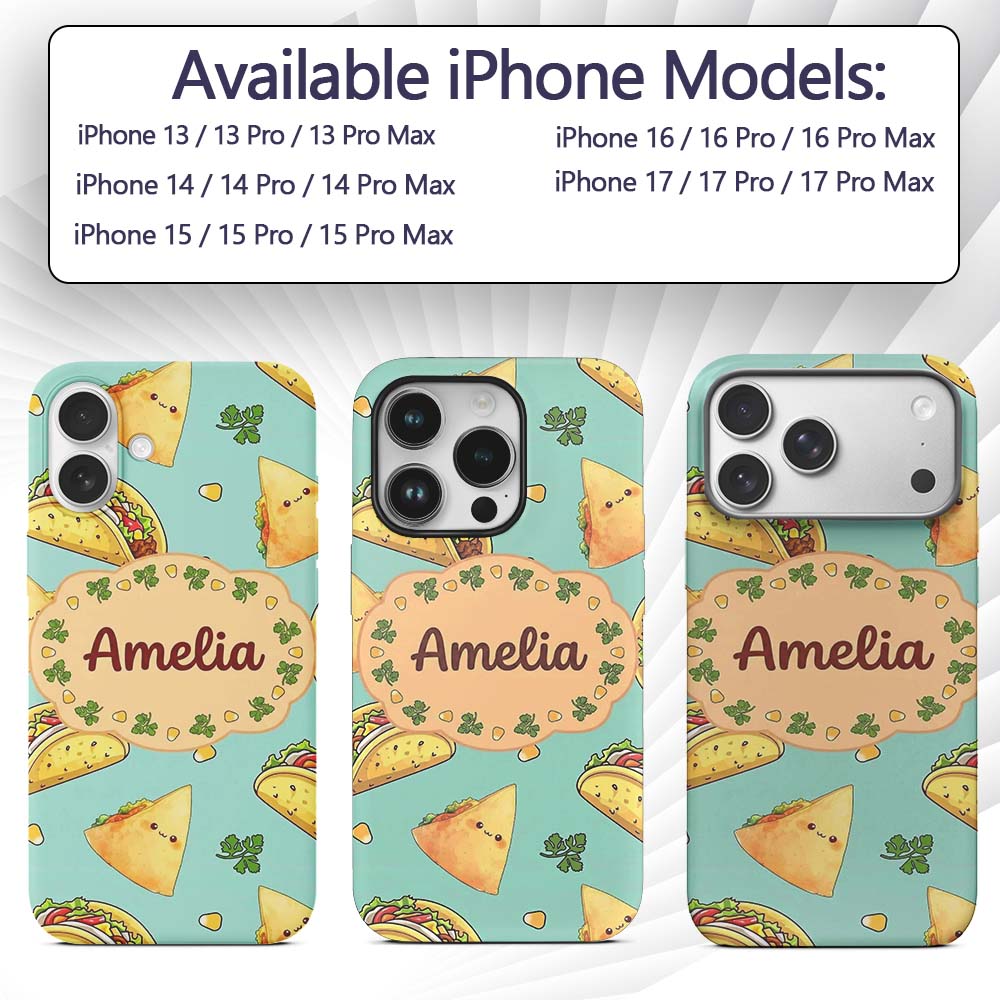 Cute Kawaii Taco and Wrap Food Printed Design Custom Name Protective Phone Case Mobile Cover Durable Everyday Smartphone Shock Resistant