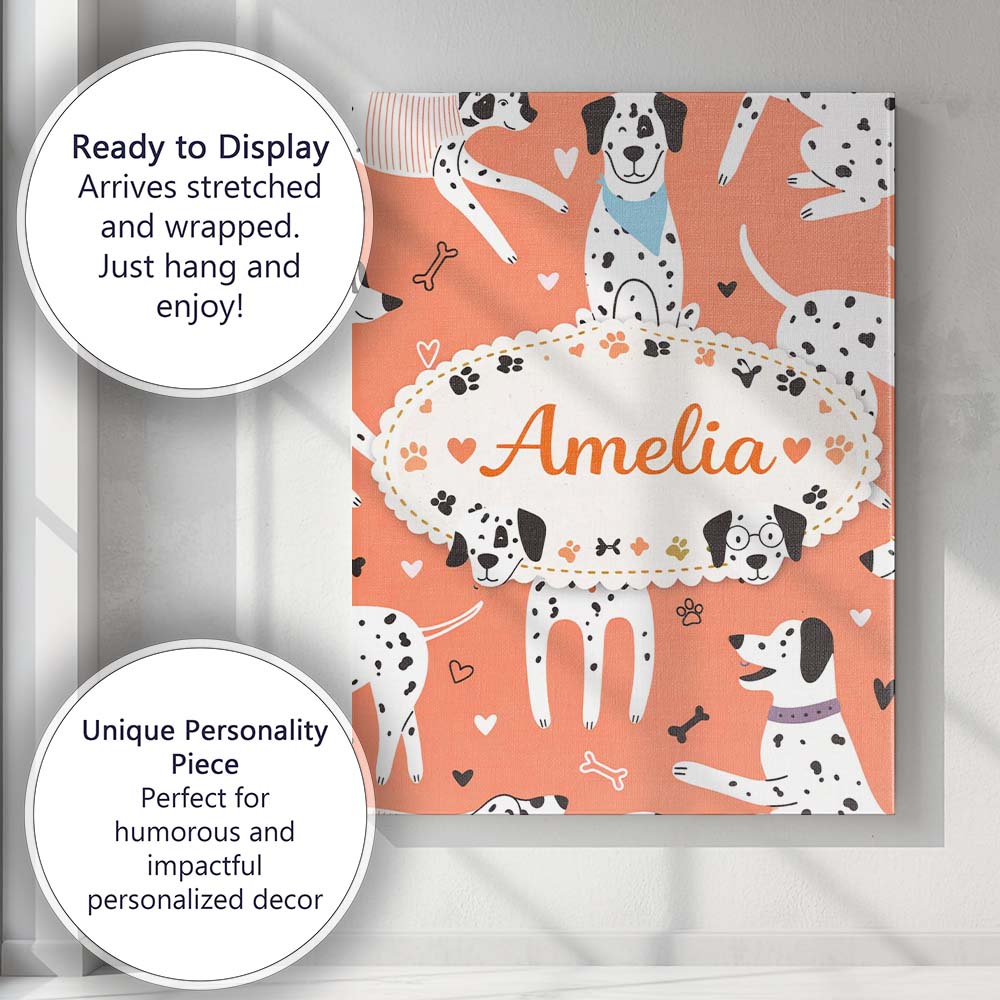 Personalised Name Dalmatian Dogs Hearts Peach Background Seamless Custom  Bespoke Canvas Wall Art Print Decor Picture Ready to Hang