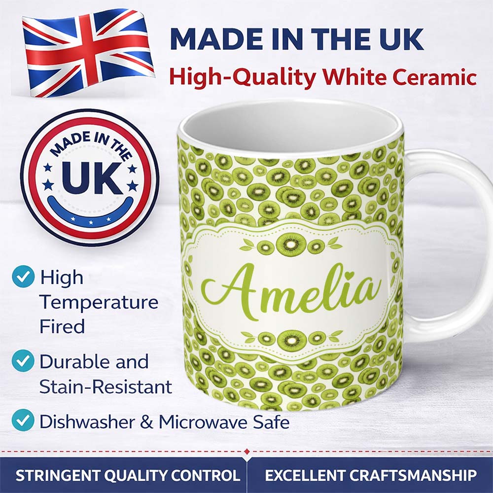 Personalized Custom Name Realistic Kiwi Slice Scatter Seamless Pattern on Cream Background 11oz Ceramic Coffee Tea Mug White Large Handle