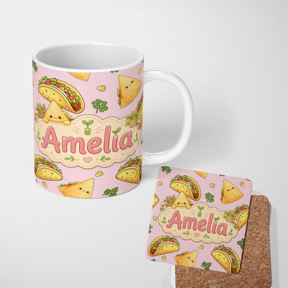 Personalized Custom Name Cute Kawaii Taco and Wrap Food Pattern Soft Pink Background 11oz Ceramic Coffee Tea Mug White Large Handle