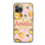 Cute Kawaii Taco and Wrap Food Pattern Soft Pink Custom Name Protective Phone Case Mobile Cover Durable Everyday Smartphone Shock Resistant